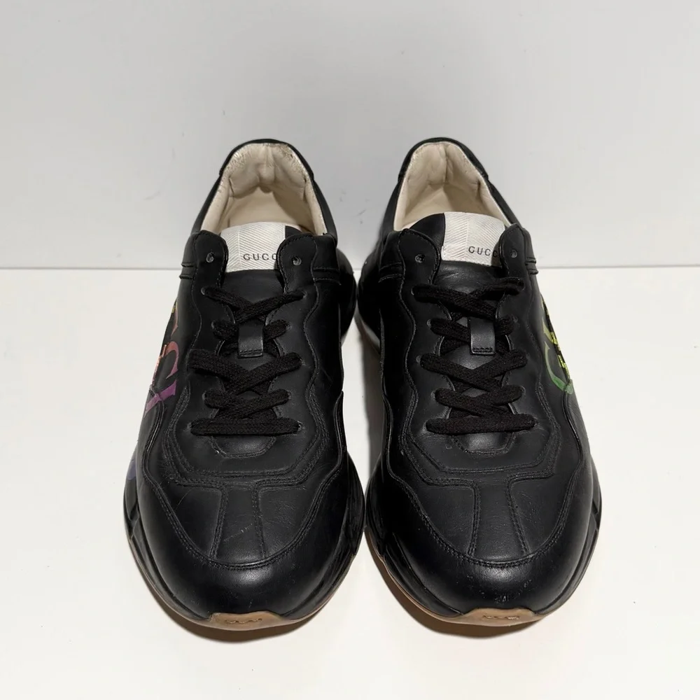 Gucci Black Sneakers with‎ Rainbow Logo Men's Rhyton Iridescent Logo